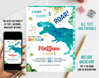 Invito di compleanno dinosauro digitale 5x7" modello stampabile / modificabile e invito personalizzato / download istantaneo