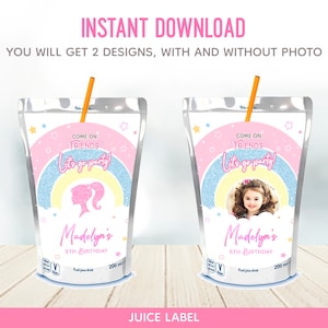 Digital Juice Label | Girl&#39;s Rainbow Birthday Template Printable | Instant Download