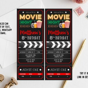 Digital Movie Night Party Ticket Birthday Invitation 2,5 x 6,5&quot; | Instant Download | Editable Movie Party Invite
