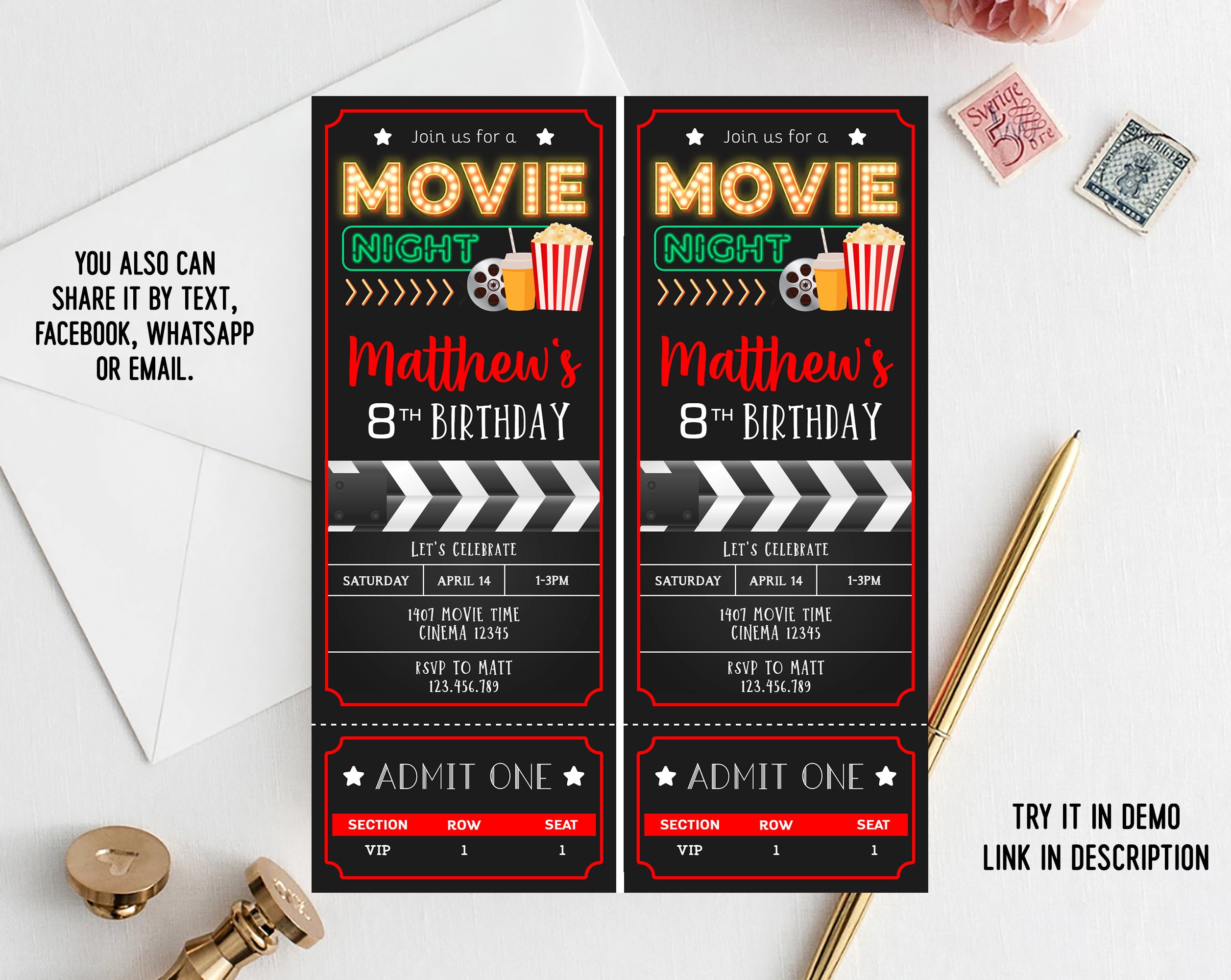 Digital Movie Night Party Ticket Birthday Invitation 25 X