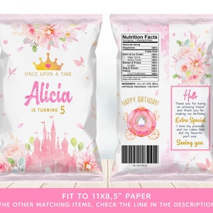 Digital Princess Birthday Chip Bag Template Printable | Girl&#39;s Chip Bag | Pink Gold