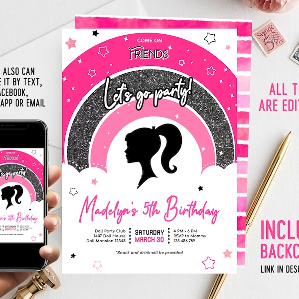 Digital Girl's Black and Pink Birthday Party | Invitation for Girl Template Printable | Instant Download