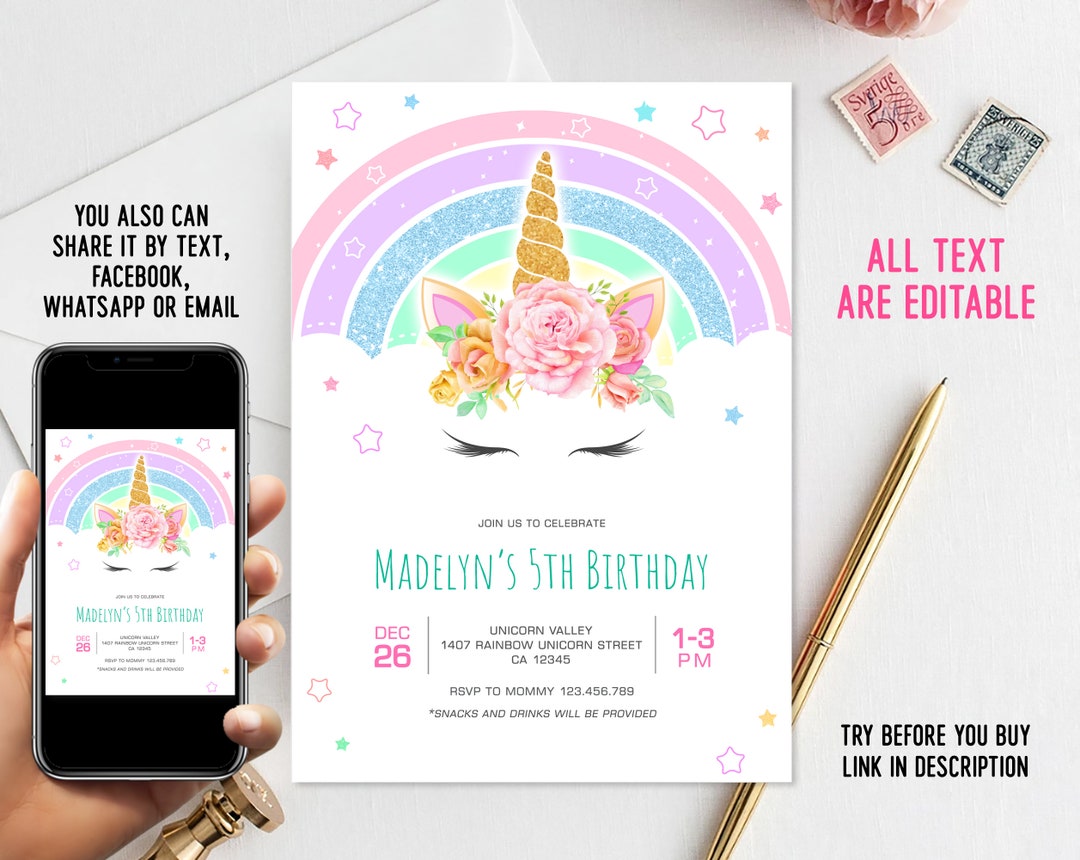 Digital Rainbow Unicorn Birthday Party | Invitation for Girl Template ...