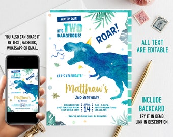 Dinosaur 2nd Birthday Invitation: Editable Template (Digital Download)