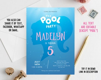 Digital Girls Pool Party | Birthday Invitation for Girl Template Printable | Instant Download