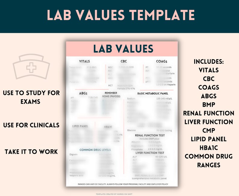 Lab Value Cheat Sheet for Nursing Students NCLEX Lab Values Etsy