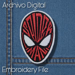 Puede incluir: Parche bordado con un diseño de araña roja y negra y formas de ojos blancos, sobre un fondo de mezclilla. El parche tiene el texto "Archivo Digital" y "Embroidery File".