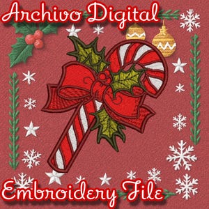 Puede incluir: Diseño de bordado de bastón de caramelo rojo y blanco con un lazo rojo, hojas de acebo y el texto "Archivo Digital" y "Embroidery File" sobre un fondo rojo. Incluye copos de nieve y estrellas.