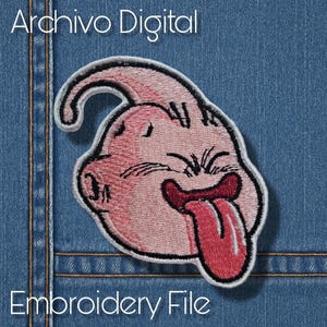 Puede incluir: Parche bordado con un personaje de dibujos animados rosa con una larga lengua roja sobre un fondo de mezclilla azul. El parche tiene un contorno blanco. El texto en la parte superior dice "Archivo Digital" y en la parte inferior "Embroidery File."
