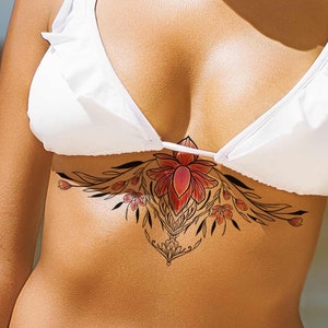 Red and purple Lotus Underboob temporary Tattoo / Colored Lotus Sternum temp tat / Lotus Underboob Tattoo / Flower Underboob