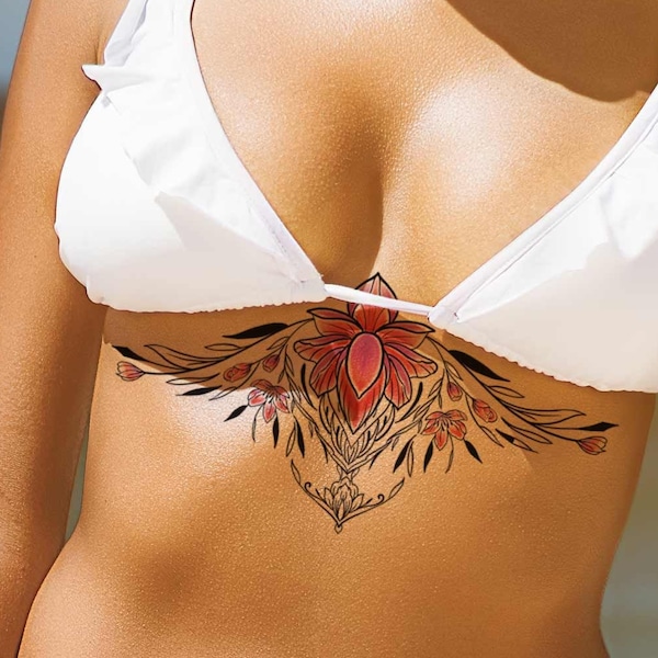 Red and purple Lotus Underboob temporary Tattoo / Colored Lotus Sternum temp tat / Lotus Underboob Tattoo / Flower Underboob