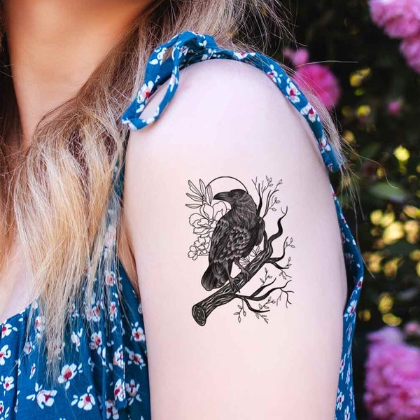 Raven on a tree branch temporary tattoo for men and women / Small black raven temp tat / Raven fake tattoo / Raven Tattoo / Bird Tattoo