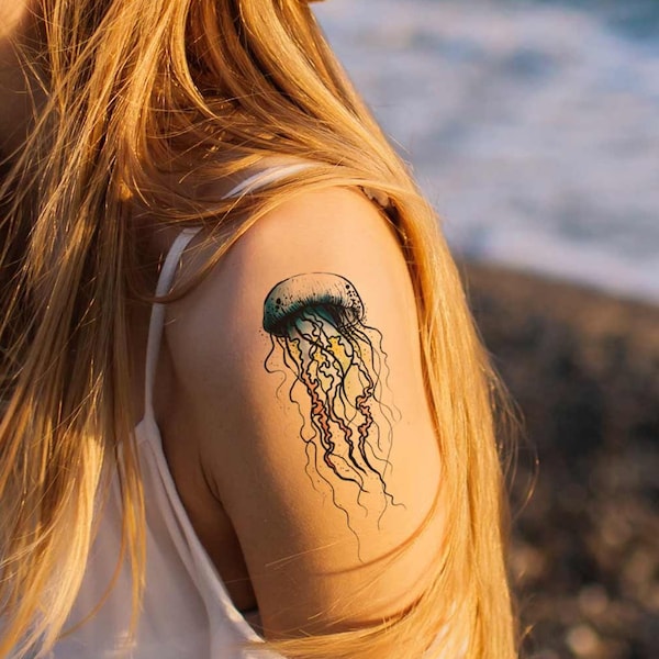 Tatouage éphémère Méduse colorée pour homme et femme, tatouage temporaire Méduse colorée exclusif dessiné à la main