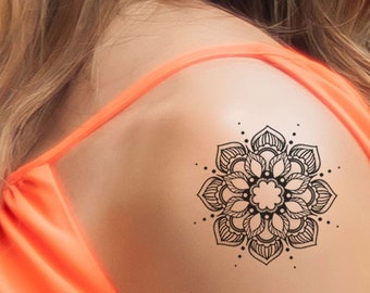 Mandala flower temporary tattoo for women and men / 2 Small black mandala flowers temp tat / Mandala flower fake tattoo / Flower Tattoo