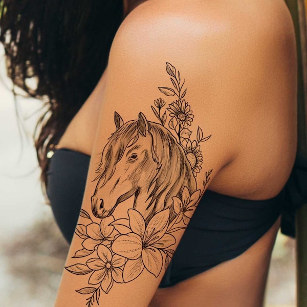 Horse and flowers temporary tattoo for women / Black horse head temp tat / Horse fake tattoo / Horse Tattoo / Animal Tattoo