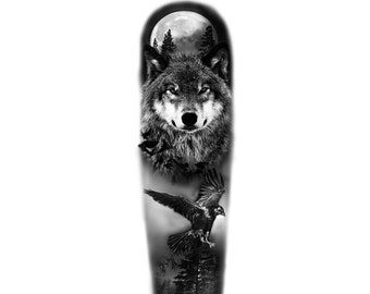 Wolf and Moon Sleeve Temporary Tattoo - Etsy Australia Wolf and Moon Sleeve Temporary Tattoo - Etsy Australia