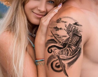 Temporäres Samurai-Tattoo für Frauen und Männer, exklusives handgezeichnetes temporäres Samurai-Tattoo