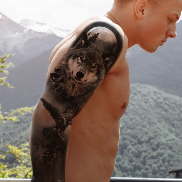 Tatouage éphémère manchette Sleeve loup et forêt, tatouage temporaire manchette Sleeve loup et forêt exclusif dessiné à la main