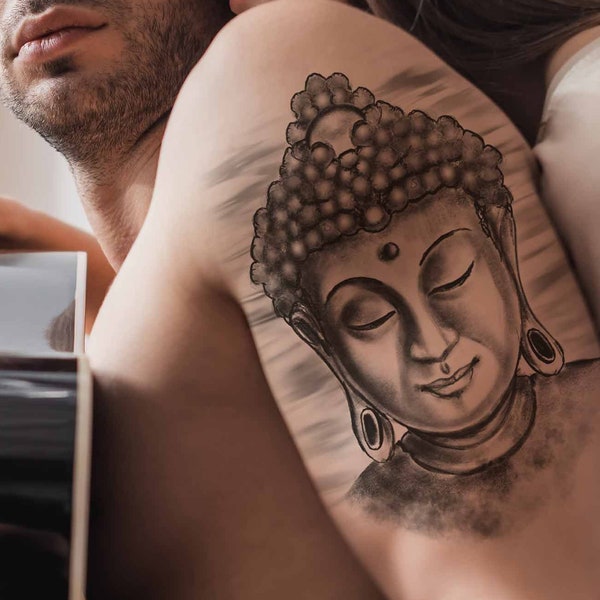 Tatouage éphémère Bouddha pour femme et homme, tatouage temporaire Bouddha exclusif dessiné à la main