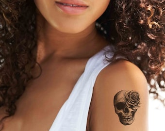 Skull temporary tattoo, Skull flower tattoo, Small skull tattoo, Fake skull tattoo, Floral tattoo, Men tattoo, Women tattoo, Tattoo gifts