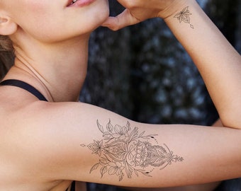 Flower temporary tattoo, Ornamental tattoo, Flower tattoo, Floral tattoo, Large tattoo, Fake flower tattoo, Women tattoo, Tattoo gifts