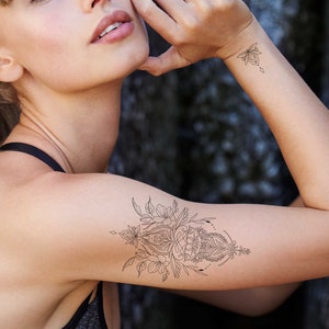 Flower temporary tattoo, Ornamental tattoo, Flower tattoo, Floral tattoo, Large tattoo, Fake flower tattoo, Women tattoo, Tattoo gifts
