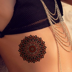 Tatouage éphémère homme femme mandala coloré, tatouage temporaire mandala coloré exclusif dessiné à la main