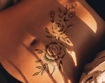Peony and rose temporary tattoo, Peony tattoo, Rose tattoo, Flower tattoo, Floral tattoo, Feminine tattoo, Women tattoo, Tattoo gifts