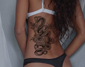 Cobra temporary tattoo for women and men / Cobra and peony temp tat / Cobra fake tattoo / Cobra Tattoo / Snake Tattoo