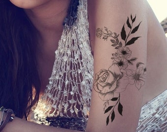 Flower temporary tattoo, Floral tattoo, Fake tattoo, Rose tattoo, Lily tattoo, large tattoo, Romantic tattoo, Women tattoo, Tattoo gifts