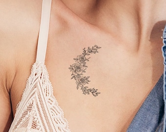 Tatuaggio temporaneo di luna, Tatuaggio temporaneo di luna, Tatuaggio di luna finta, Tatuaggio di fiori, Tatuaggio floreale, Piccolo tatuaggio, Tatuaggio da donna