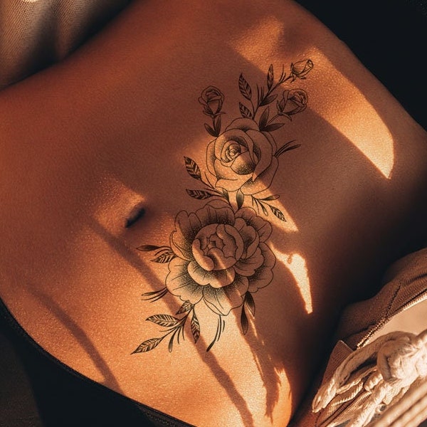 Tatouage éphémère Pivoines et roses pour femme, tatouage temporaire Pivoines et roses exclusif dessiné à la main