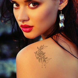 Crescent Moon and Flowers Temporary Tattoo