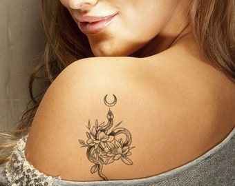Snake and flower temporary tattoo for women / Small black Snake and flower temp tat / Fake snake tattoo / Animal Tattoo