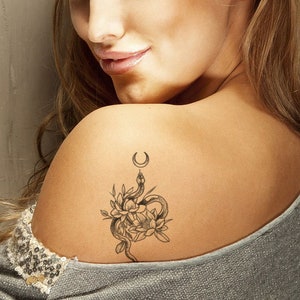 Snake and flower temporary tattoo for women / Small black Snake and flower temp tat / Fake snake tattoo / Animal Tattoo