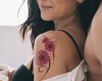 Gänseblümchen temporäres Tattoo, Blumen temporäres Tattoo, kleines Tattoo, Blumentattoo, Fake Blumentattoo, lila Tattoo, Frauentattoo