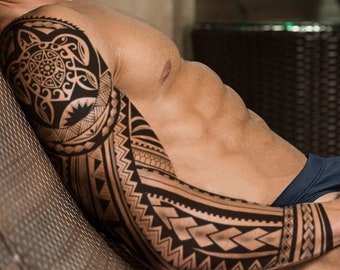 Tatouage éphémère manchette Sleeve Tortue Maori, tatouage temporaire manchette Sleeve Tortue Maori exclusif dessiné à la main