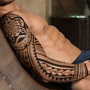 Tatouage éphémère manchette Sleeve Tortue Maori, tatouage temporaire manchette Sleeve Tortue Maori exclusif dessiné à la main