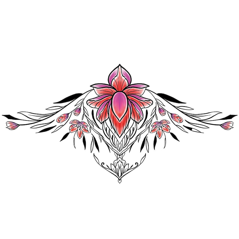 Red and Purple Lotus Underboob Temporary Tattoo / Colored Lotus Sternum