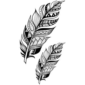May include: Two black and white stylized feathers with intricate geometric patterns. The feathers are drawn in a detailed, ornate style.