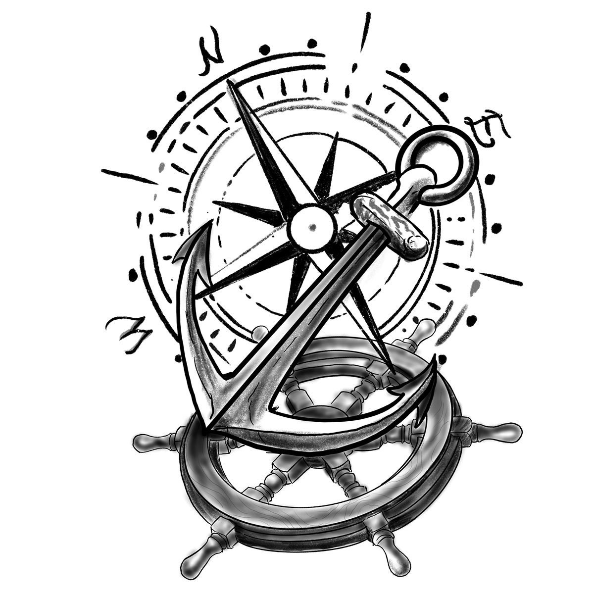 compass and anchor drawing