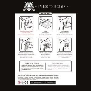 May include: Instructions for applying and removing temporary tattoos. The image shows a series of six illustrations depicting the steps involved in applying a temporary tattoo. The text in the image reads "Tattoo Your Style" and includes instructions in both English and French.