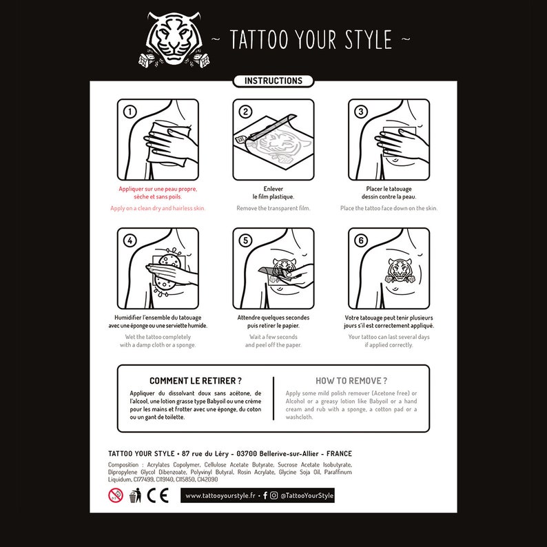 May include: Instructions for applying and removing temporary tattoos. The image shows a series of six illustrations depicting the steps involved in applying a temporary tattoo. The text in the image reads "Tattoo Your Style" and includes instructions in both English and French.