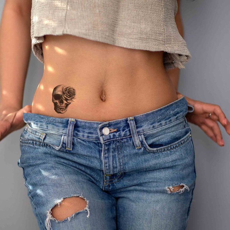 Skull Temporary Tattoo Skull Flower Tattoo Small Skull Etsy