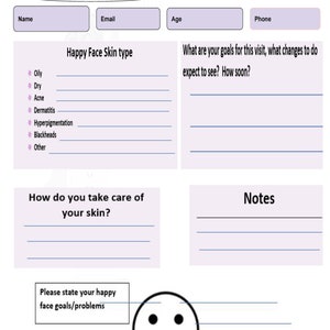Puede incluir: Formulario imprimible de análisis de la piel con el título "My Happy Face Analysis". El formulario incluye secciones para nombre, correo electrónico, edad y teléfono, junto con preguntas sobre el tipo de piel, objetivos y rutina de cuidado de la piel. Un smiley en la parte inferior.