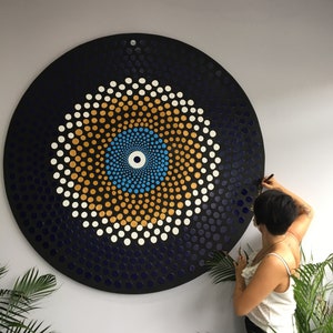 Evil Eye Dot Mandala Canvas dipinto a mano, Original Dot Art Mandala, Blue White Dot Mandala Canvas Round