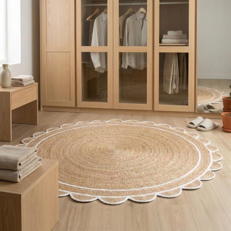 May include: A round, natural fiber rug with a scalloped edge and a white border. The rug is made of woven jute and has a concentric circular pattern. The rug is placed on a light-colored wooden floor.