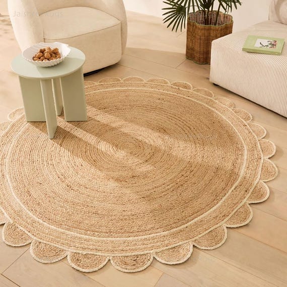 Handwoven Jute Scalloped Rug | Natural Fiber Round Entryway Hallway Carpet