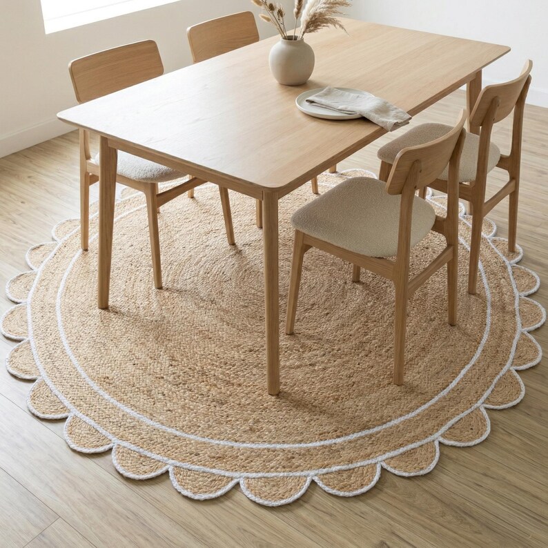 May include: A dining room scene featuring a light wood table and four matching chairs. A round jute rug with a white scalloped border sits beneath the table. A vase with dried plants and a plate with a napkin are on the table.