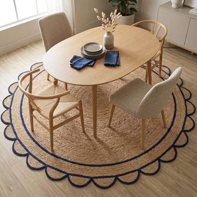 May include: A dining room scene featuring a light wood oval table set with plates and napkins. Four chairs surround the table, set on a round jute rug with a navy blue scalloped border. A vase with dried flowers sits on the table.